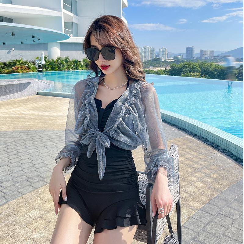 Large swimsuit women's hot spring  new one-piece Korean ins small chest fairy gas thin belly covered long sleeve swimming suit