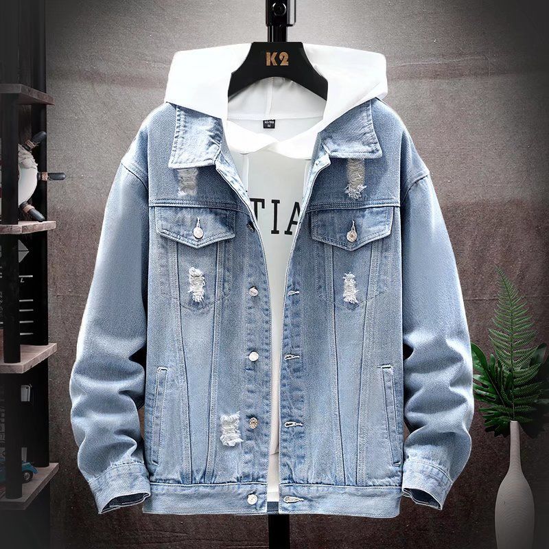 Ripped denim jacket boys spring and autumn casual trend men's top clothes men's Korean version of slim jacket jacket gown