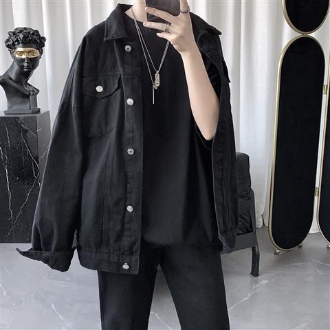 Spring and autumn ruffian handsome black denim jacket men's trendy loose Korean version of the trend of Hong Kong fans can be all-match solid color tooling jacket