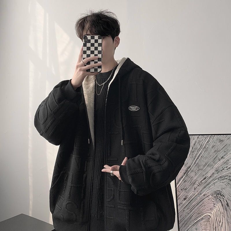 Lamb velvet jacket male students winter velvet thickened cotton coat trendy brand handsome Korean version trend ins Hong Kong style cotton jacket