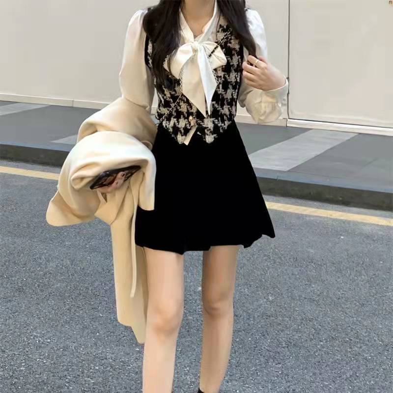 小香風千鳥格馬甲背心女秋冬季新款疊穿外搭無袖開衫外套上衣套裝