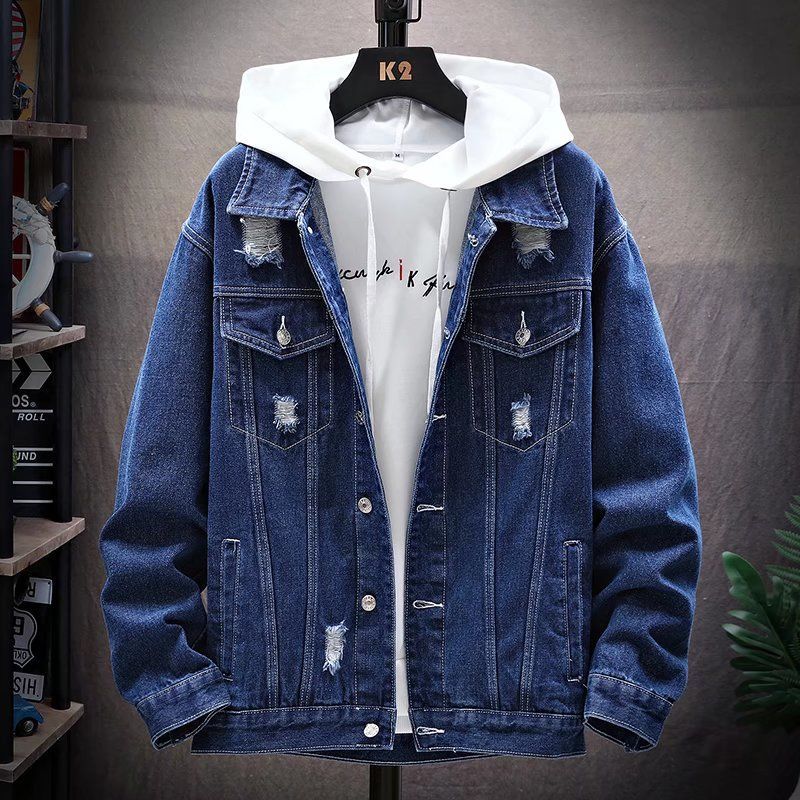 Ripped denim jacket boys spring and autumn casual trend men's top clothes men's Korean version of slim jacket jacket gown