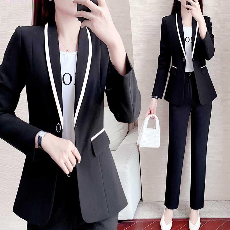 小西装外套女2022年新款黑色镶边西服上衣气质休闲正装职业装套装