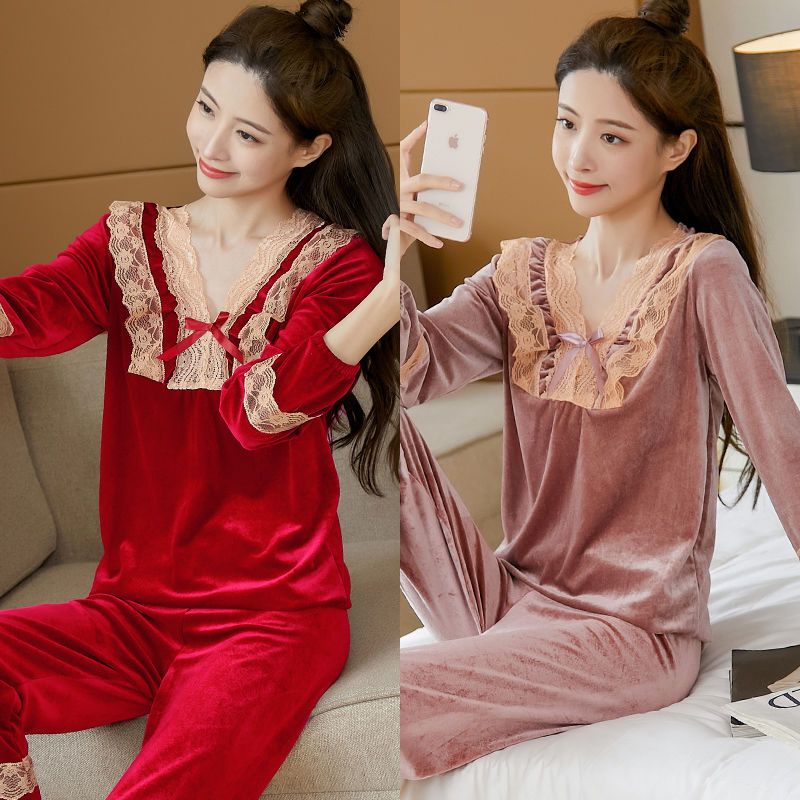 Gold velvet pajamas women's winter suit large size loose and comfortable Korean version can be worn outside fashion sexy v-neck net red hot style