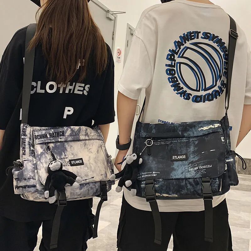 ins大容量帆布包大學生上課2022新款女夏季簡約百搭單肩男斜挎包