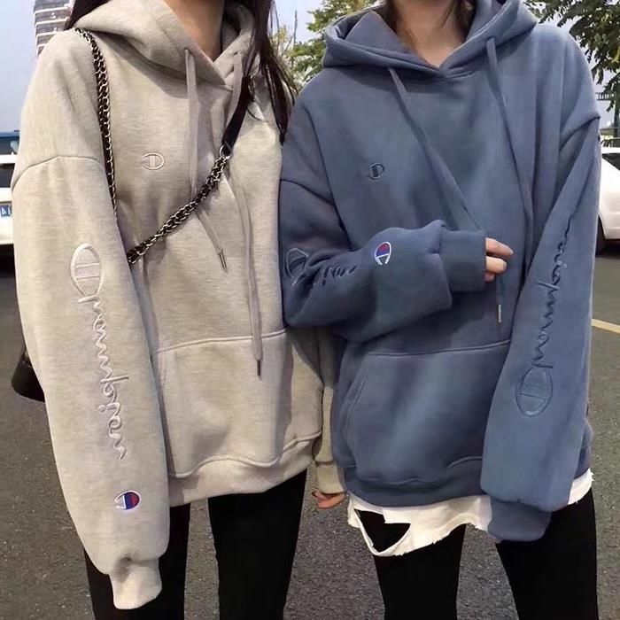 潮牌连帽卫衣男新款双臂刺绣冠军卫衣女宽松加绒加厚ins情侣外套