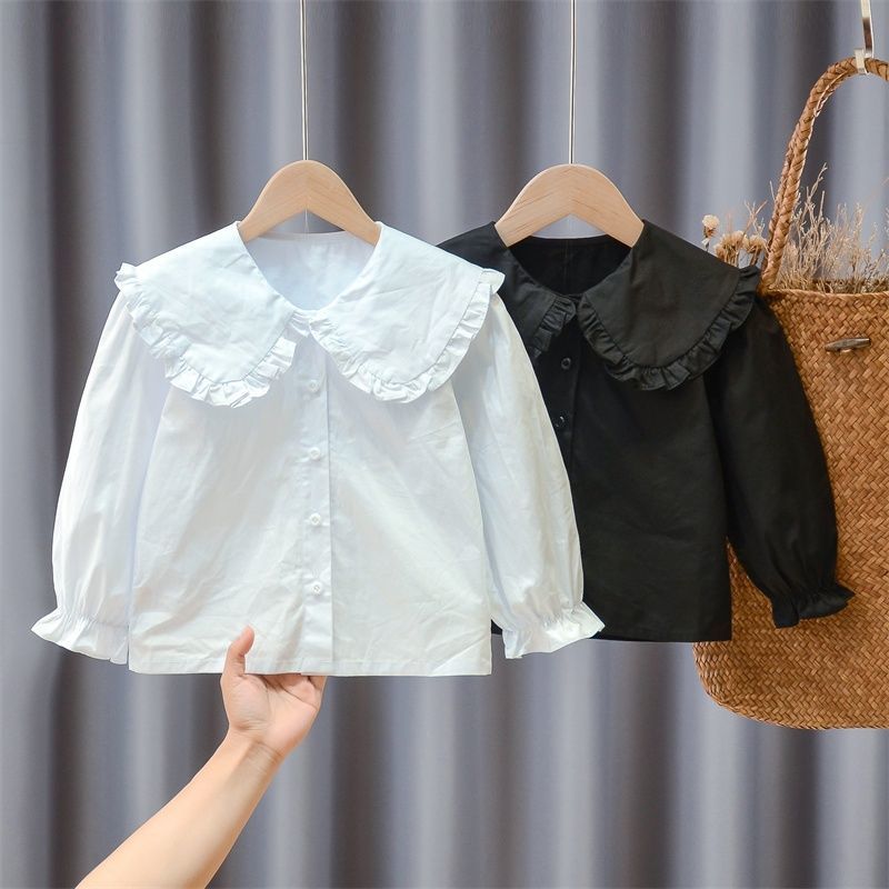 女童白色襯衫2021春款純棉兒童蕾絲翻領長袖校服學院風娃娃領