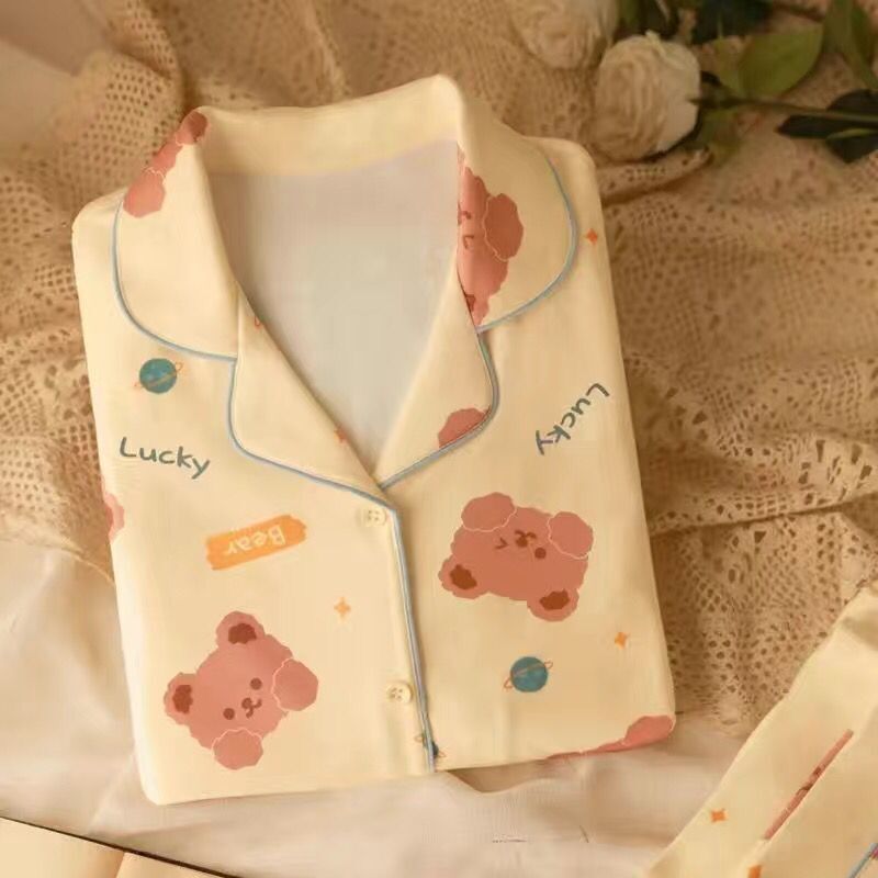 Women's pajamas spring and autumn thin section long-sleeved cartoon pure cotton student cardigan loose plus size cotton home service suit winter