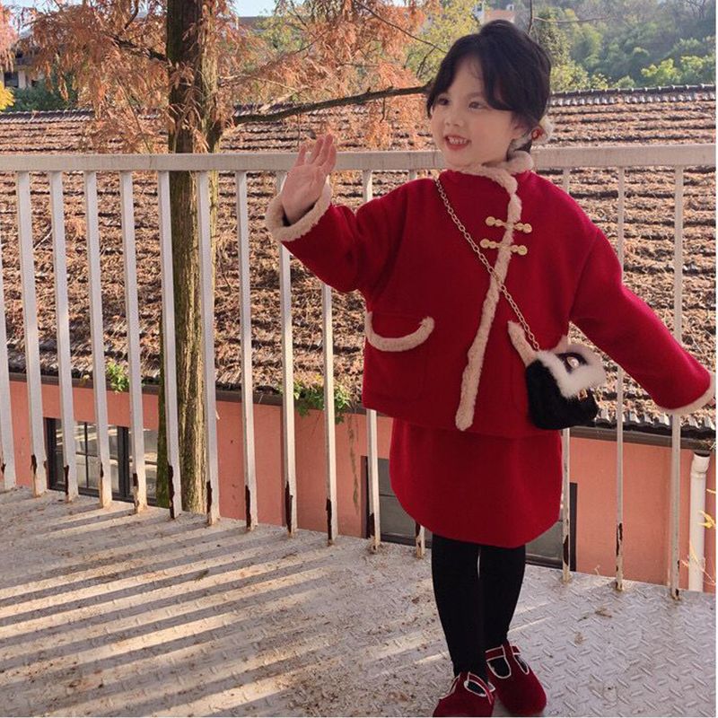 Girls' red New Year's greetings suit winter children's thick woolen New Year's coat skirt warm two-piece suit