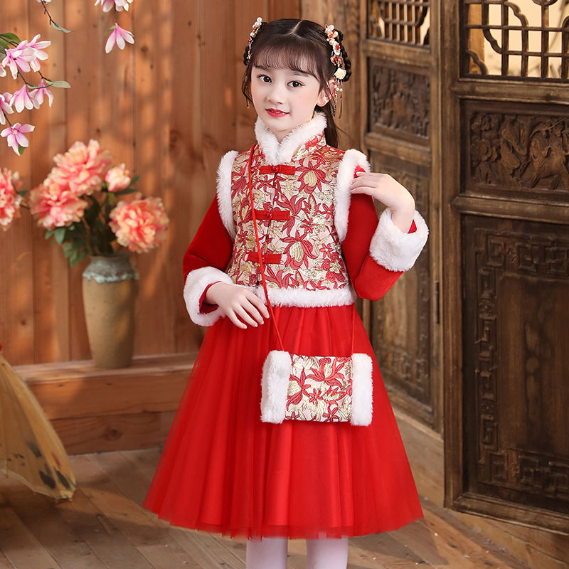 兒童漢服女孩冬裝新年加厚加絨旗袍冬季女童拜年服冬款唐裝中國風