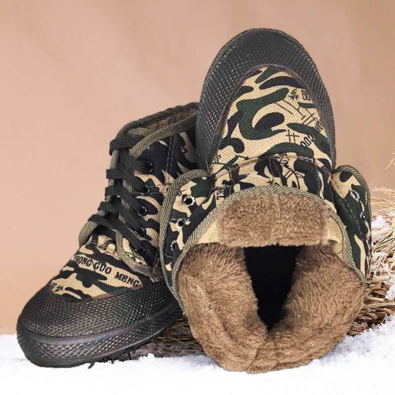 冬季工地保暖解放男棉鞋迷彩橡胶鞋加绒耐磨工作鞋劳保干活高帮鞋