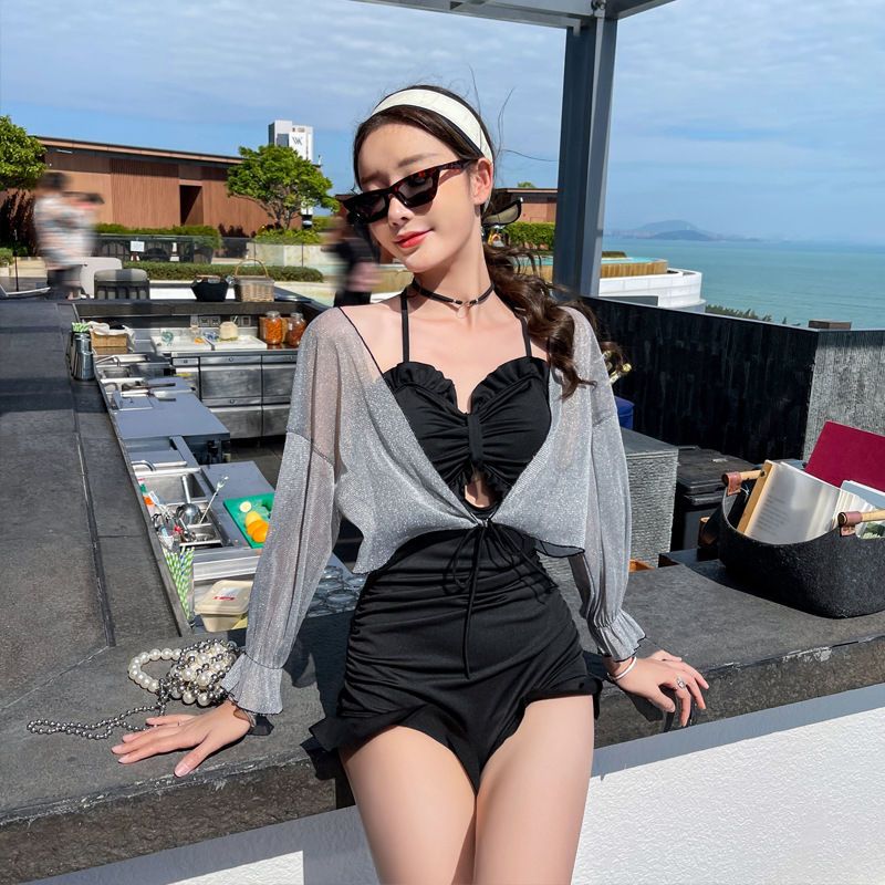 Swimsuit women's summer one-piece lotus leaf side conservative slimming cover belly cute girl student long-sleeved sunscreen hot spring swimsuit