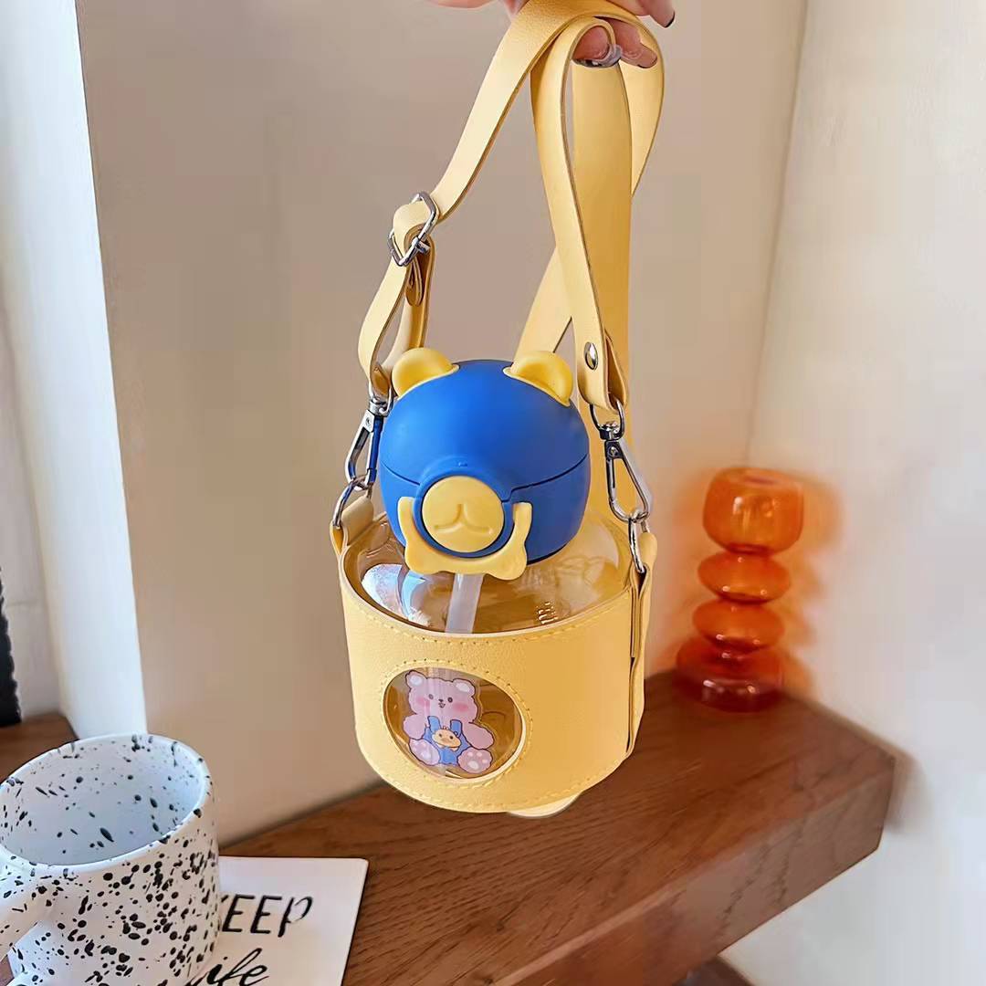Children's straw cup high-value large-capacity with straw anti-fall cup girls cute messenger strap plastic kettle