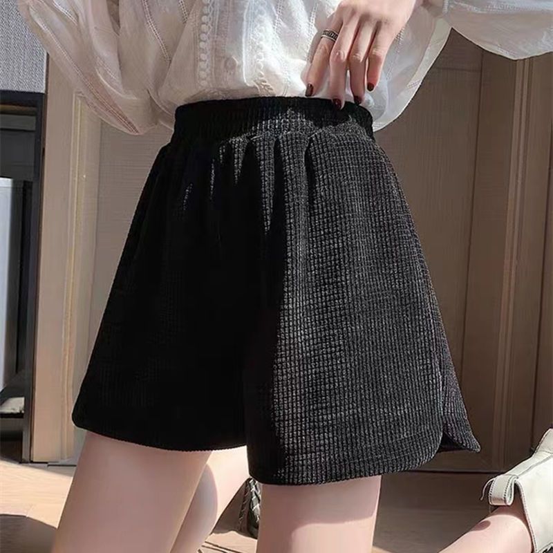 300 catties large size black waffle shorts female fat MM spring and summer new slit high waist thin boots pants wide leg pants
