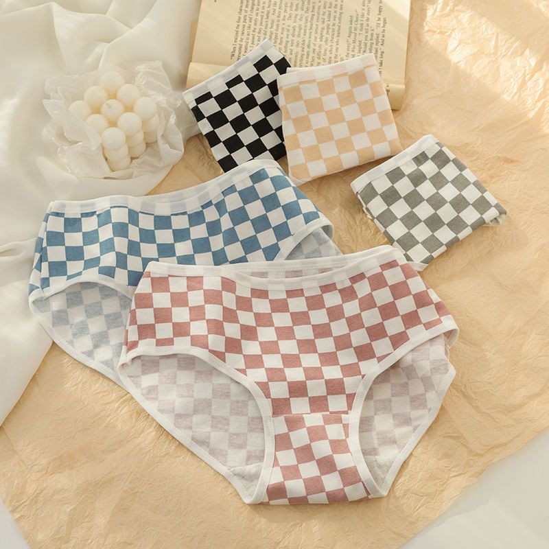Underwear women's pure cotton checkerboard grid student antibacterial simple and comfortable mid-waist ins girl pure desire briefs