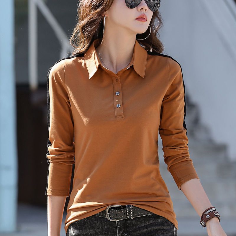 Pure cotton lapel polo shirt women's large size loose slim long-sleeved t-shirt top 2022 spring new outerwear bottoming shirt