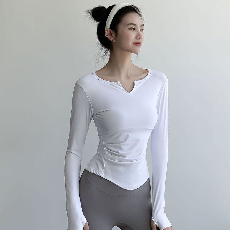 健身服女长袖T恤秋冬款弹力V领运动紧身衣速干跑步训练瑜伽服上衣
