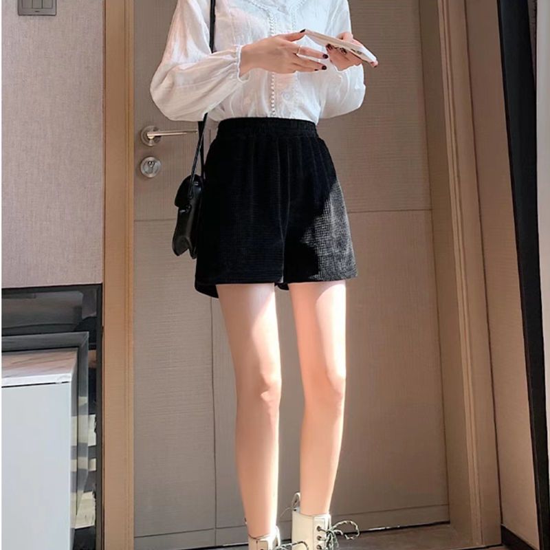 300 catties large size black waffle shorts female fat MM spring and summer new slit high waist thin boots pants wide leg pants