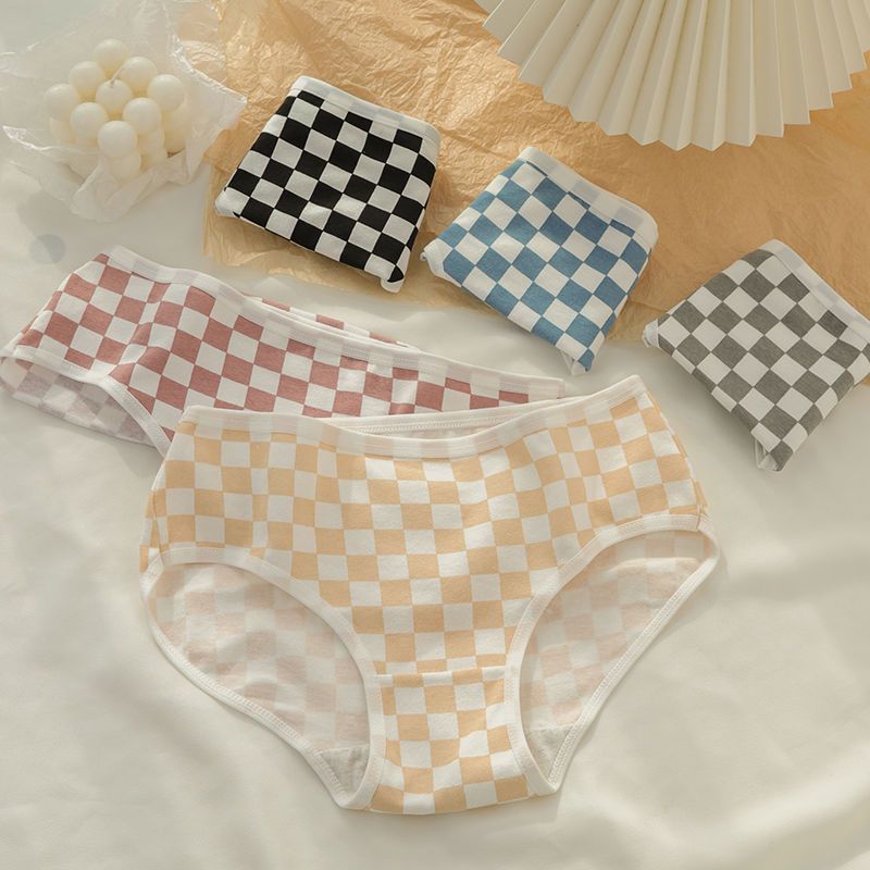 Underwear women's pure cotton checkerboard grid student antibacterial simple and comfortable mid-waist ins girl pure desire briefs