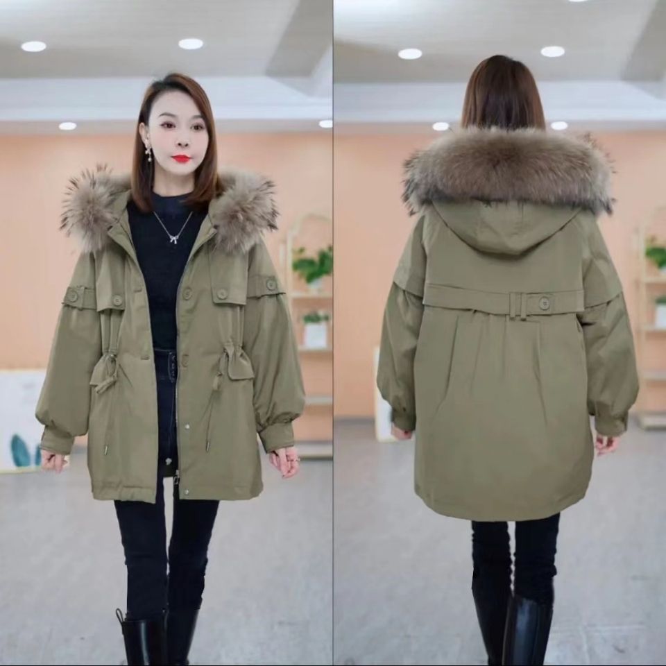 90白鸭绒羽绒服女中长款2022新款小个子大毛领加厚保暖派克服外套