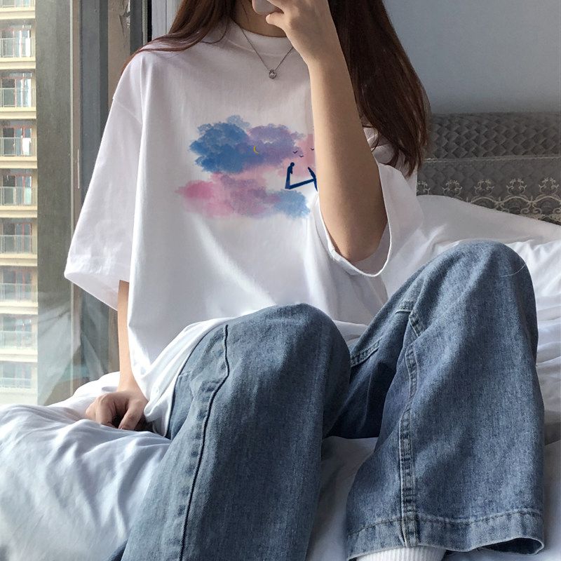 100%純棉夏季新款學生短袖t恤女港風字母印花ins寬鬆百搭潮流上衣