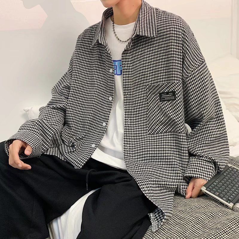 Houndstooth plaid shirt men's spring and autumn trend loose all-match jacket ins Hong Kong style student Korean handsome top