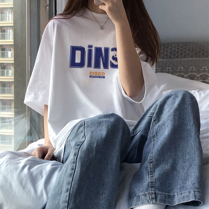 100%純棉短袖t恤女夏季新款寬鬆百搭顯瘦印花半袖休閒ins風上衣服