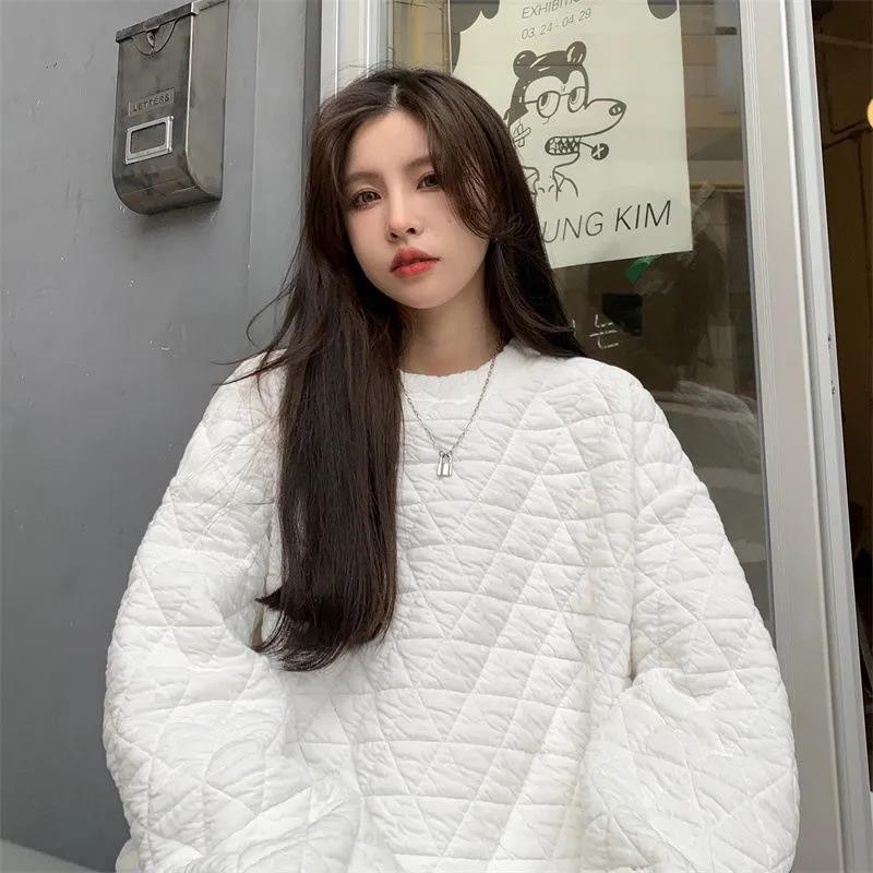 高檔夾棉菱形格套頭衛衣秋冬裝新款韓版百搭寬鬆套頭棉衣女外套潮