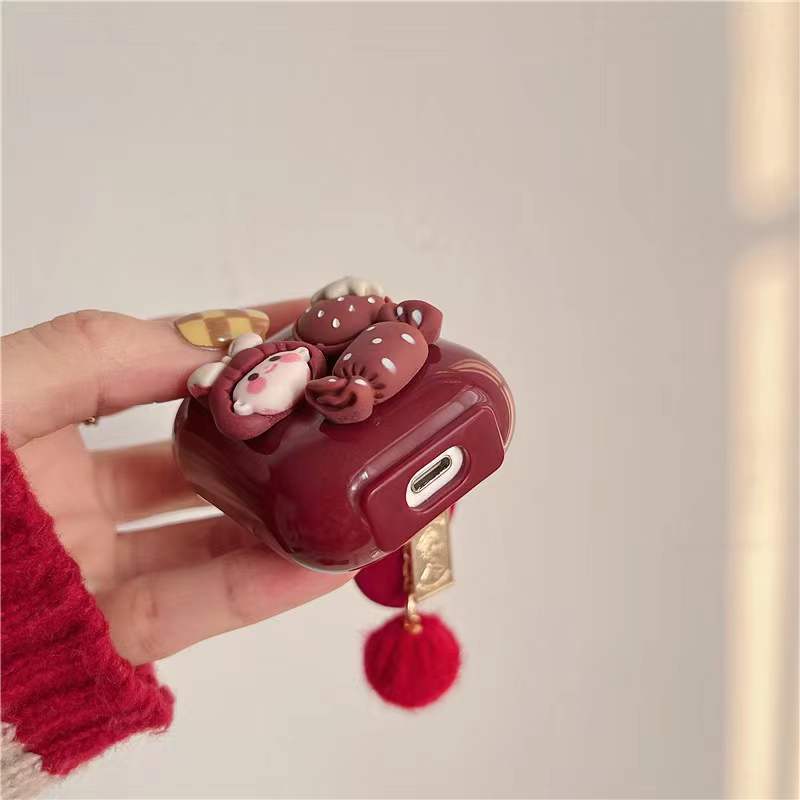 新年款酒红樱桃女孩适用pro4保护套4代蓝牙耳机Mini4透明软壳pro5