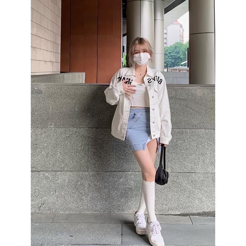 European station ins2022 spring and autumn new white denim jacket loose large size fat MM long-sleeved jacket top