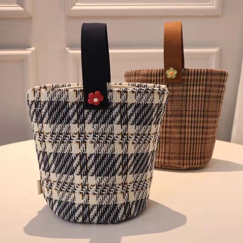 Fashion Simple Plaid Korea Canvas Bucket Bag Female Handbag Cosmetic Bag Mommy Thickened Lunch Box Bag Hand Bag
