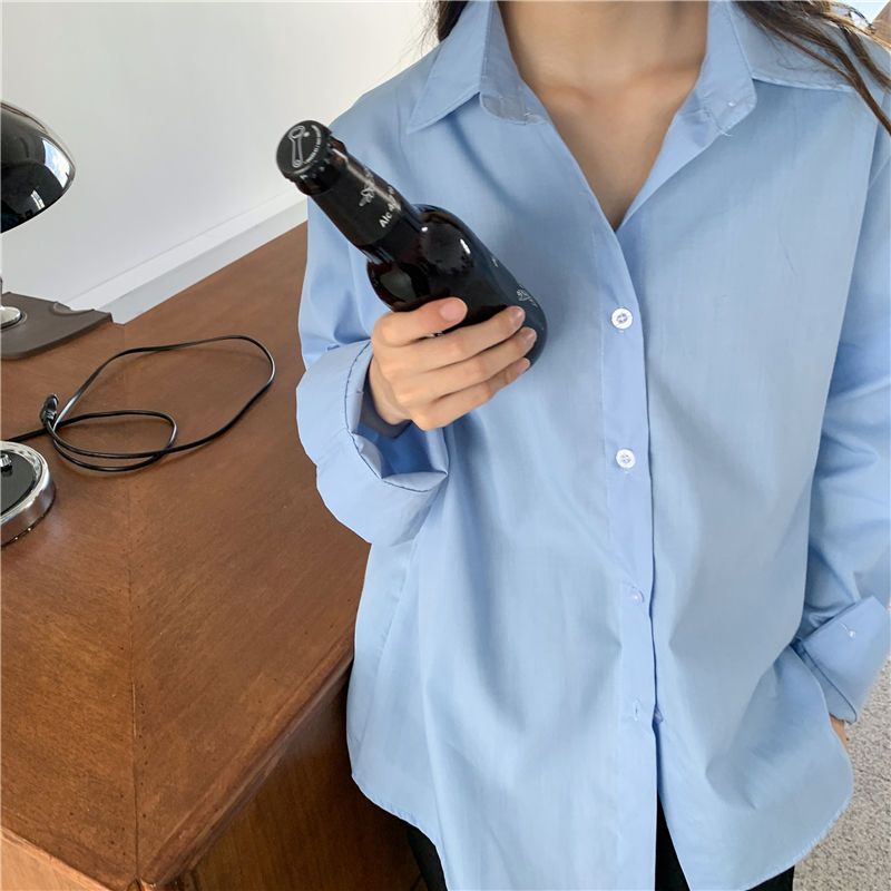 简约蓝色衬衣女韩版长袖休闲设计感打底衬衫小众百搭宽松叠穿上衣