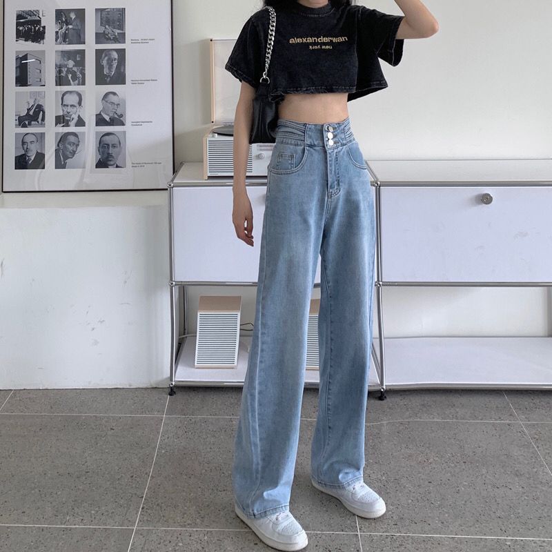 設計感三紐扣高腰牛仔褲女2023新款特色直筒寬鬆拖地闊腿褲小個子
