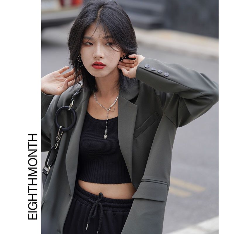 Gray small suit  spring and autumn women's niche small suit spring suit design sense suit casual jacket female