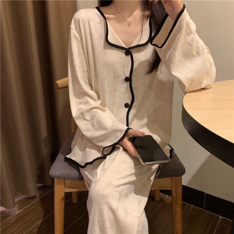 Pajamas women's spring and autumn new ins lapel wavy edge apricot long-sleeved trousers jacquard high-end home wear