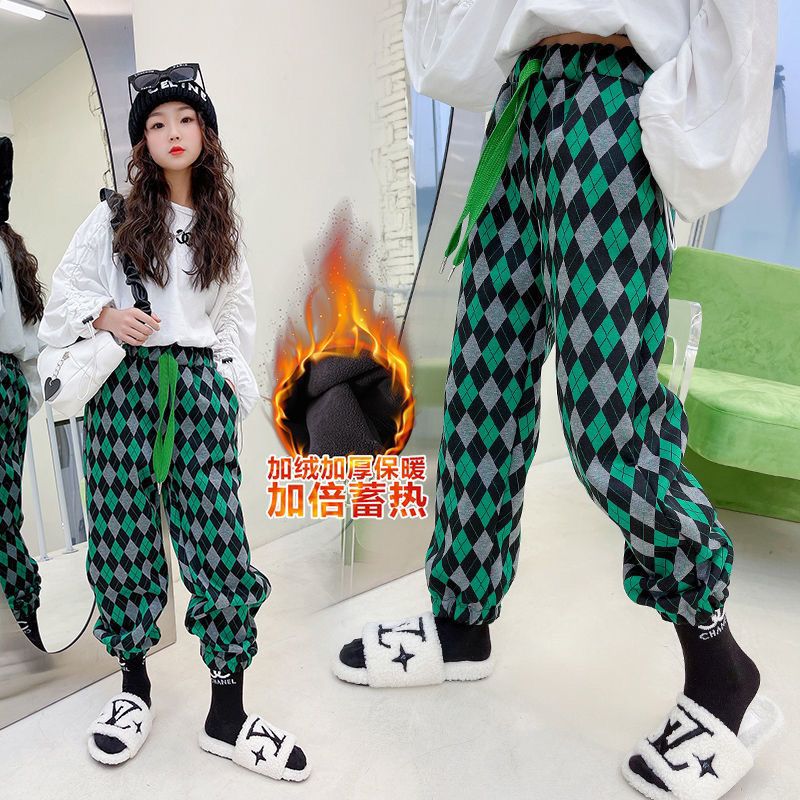 男女童加絨褲子2021冬裝新款時髦洋氣一體絨衛褲兒童菱格束腳長褲