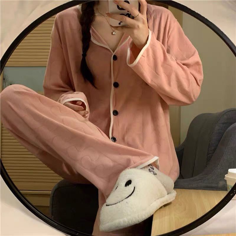 Pajamas women's spring and autumn new ins lapel wavy edge apricot long-sleeved trousers jacquard high-end home wear