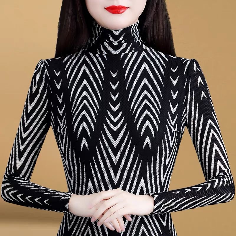洋氣小衫女2021秋冬新款加絨高領長袖打底衫時尚千鳥格內搭小衫潮