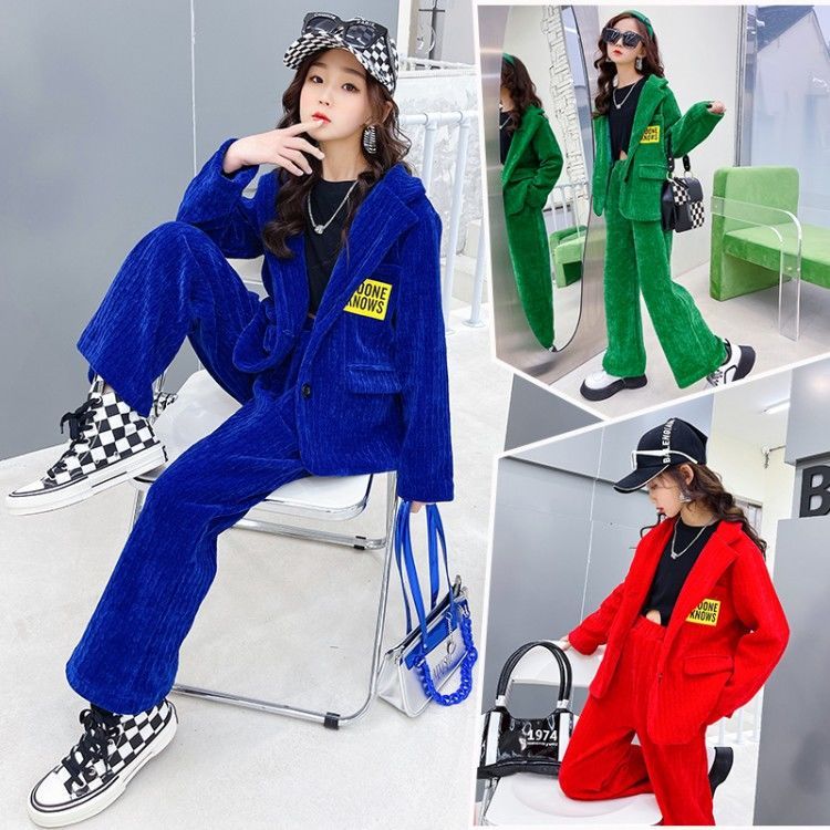 女童裝時髦套裝洋氣2022春裝新款中大童西裝兒童春秋西服兩件套潮