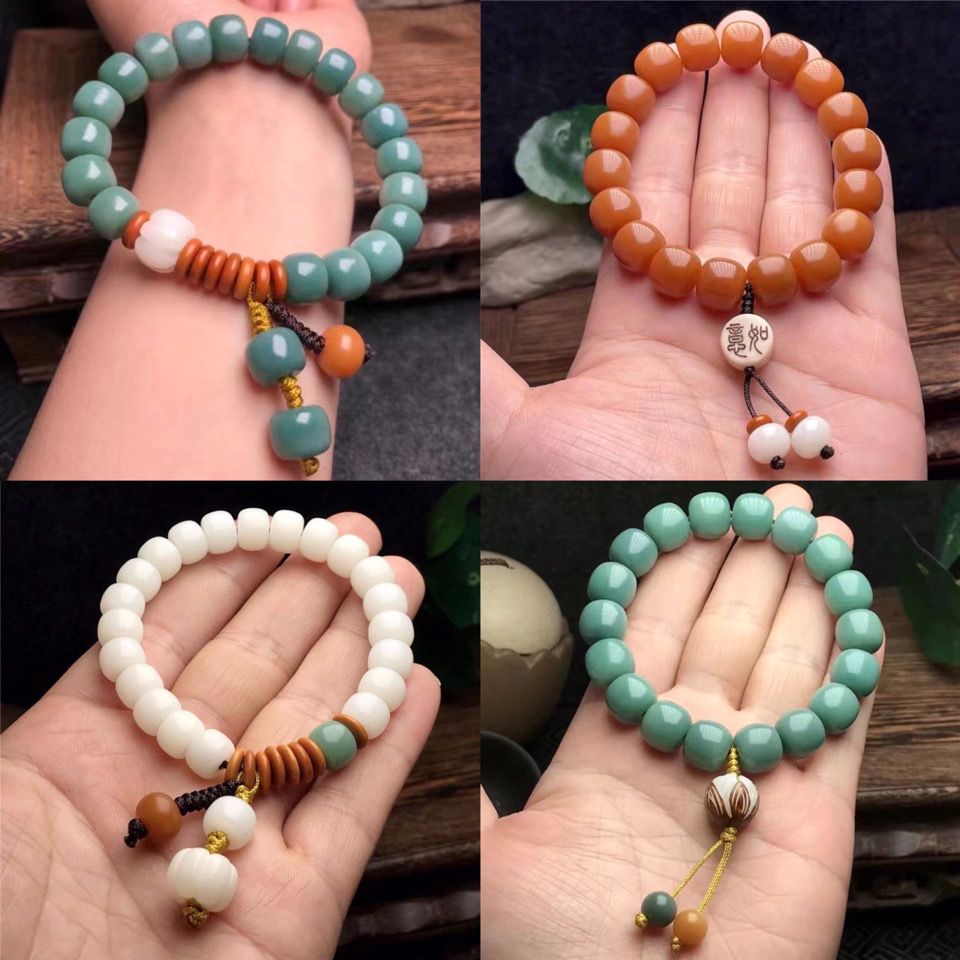 天然绿菩提根手串阴皮绿桶珠复古名族风化白玉佛珠手链百搭饰品