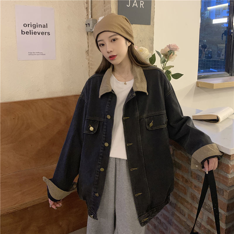 Black denim jacket female spring and autumn all-match 2022 new retro Hong Kong flavor loose bf small fried street top trend