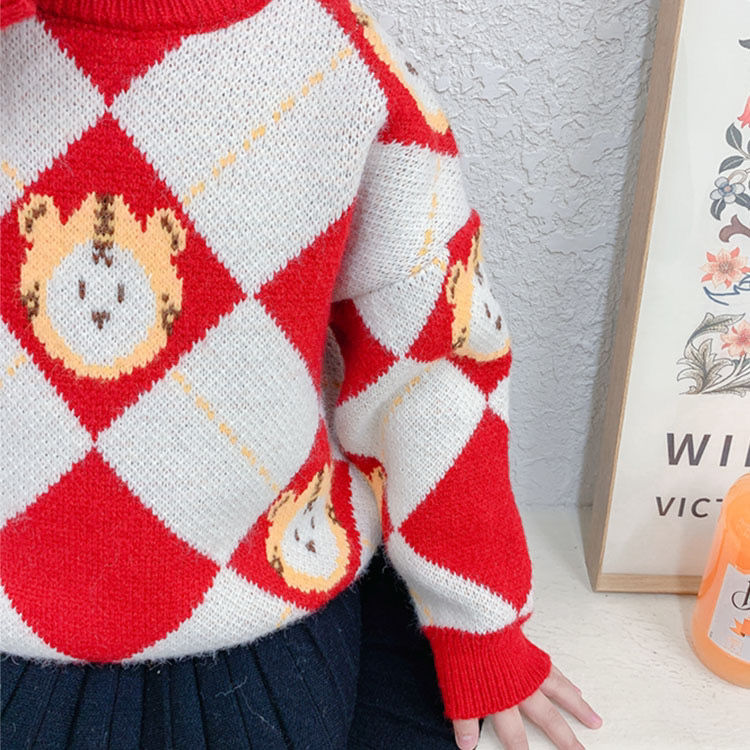 Girls' Sweater  New Style Korean Style Thickened Children's Bottoming Shirt New Year's Red Baby Sweater Round Neck Pullover