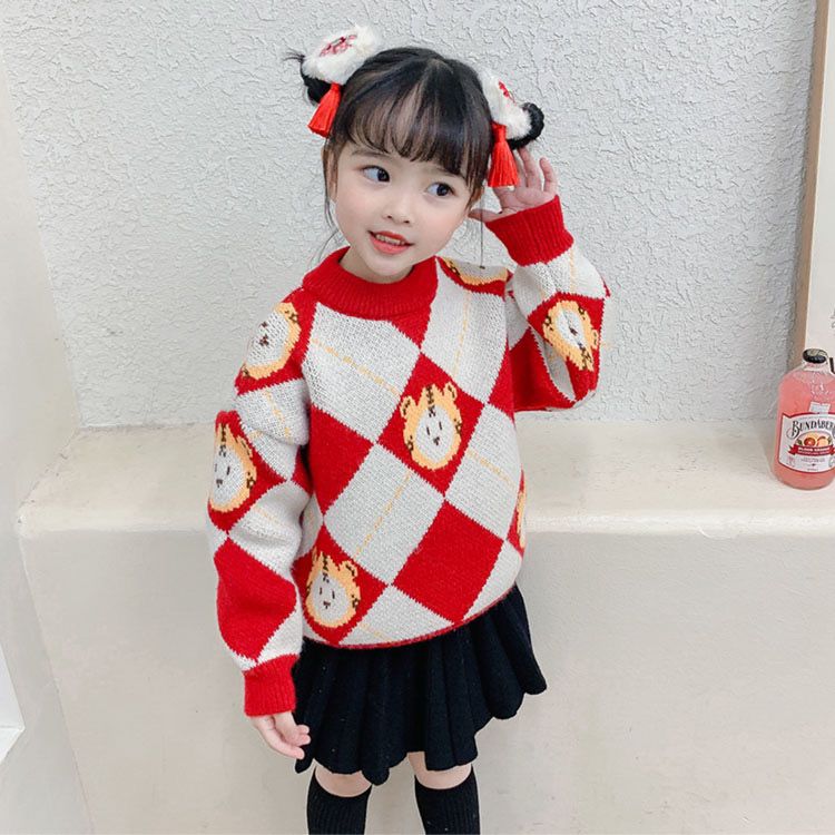 Girls' Sweater  New Style Korean Style Thickened Children's Bottoming Shirt New Year's Red Baby Sweater Round Neck Pullover