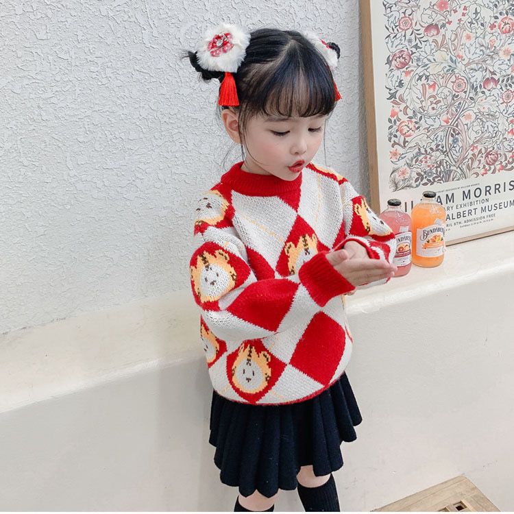 Girls' Sweater  New Style Korean Style Thickened Children's Bottoming Shirt New Year's Red Baby Sweater Round Neck Pullover