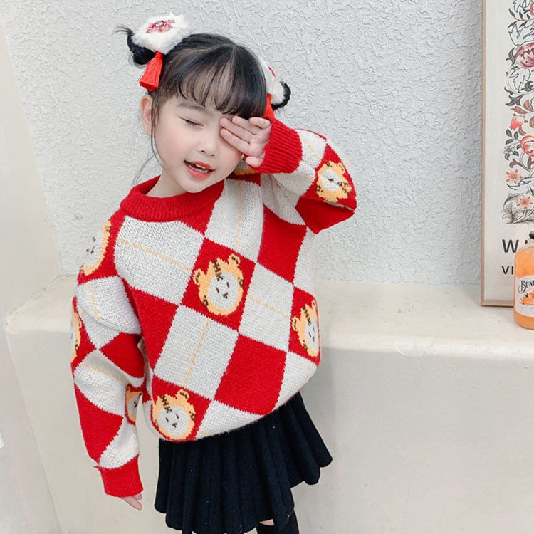 Girls' Sweater  New Style Korean Style Thickened Children's Bottoming Shirt New Year's Red Baby Sweater Round Neck Pullover