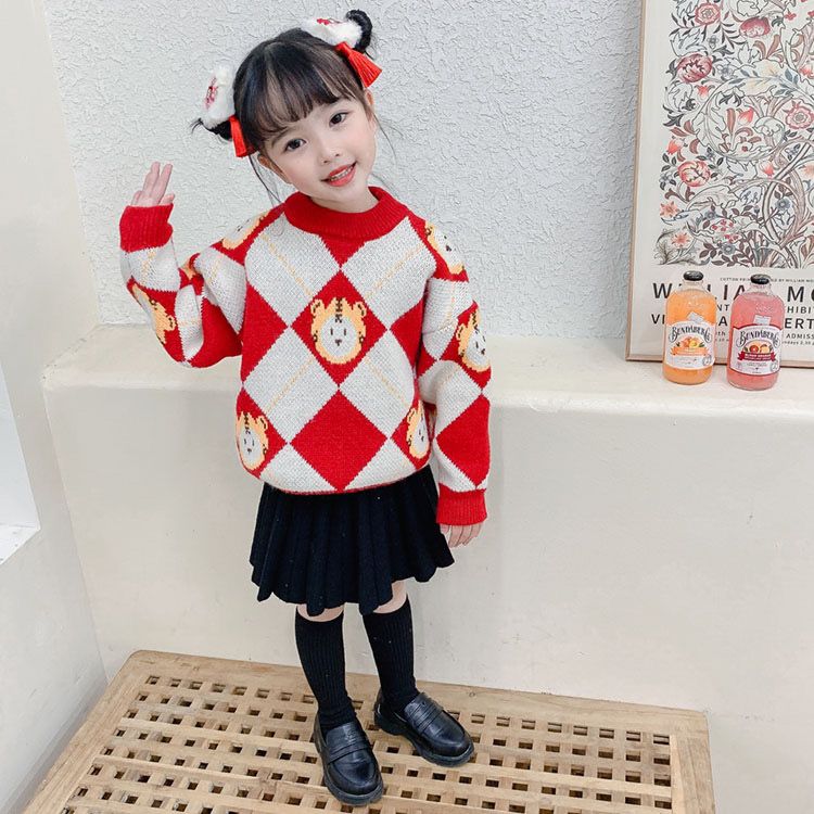 Girls' Sweater  New Style Korean Style Thickened Children's Bottoming Shirt New Year's Red Baby Sweater Round Neck Pullover