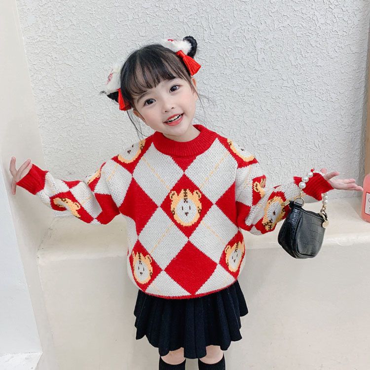 Girls' Sweater  New Style Korean Style Thickened Children's Bottoming Shirt New Year's Red Baby Sweater Round Neck Pullover