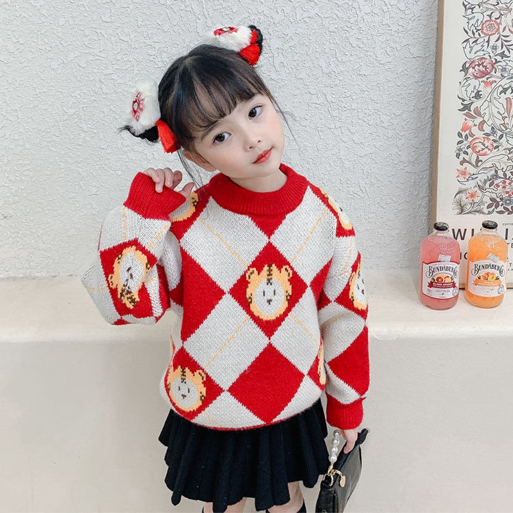 Girls' Sweater  New Style Korean Style Thickened Children's Bottoming Shirt New Year's Red Baby Sweater Round Neck Pullover