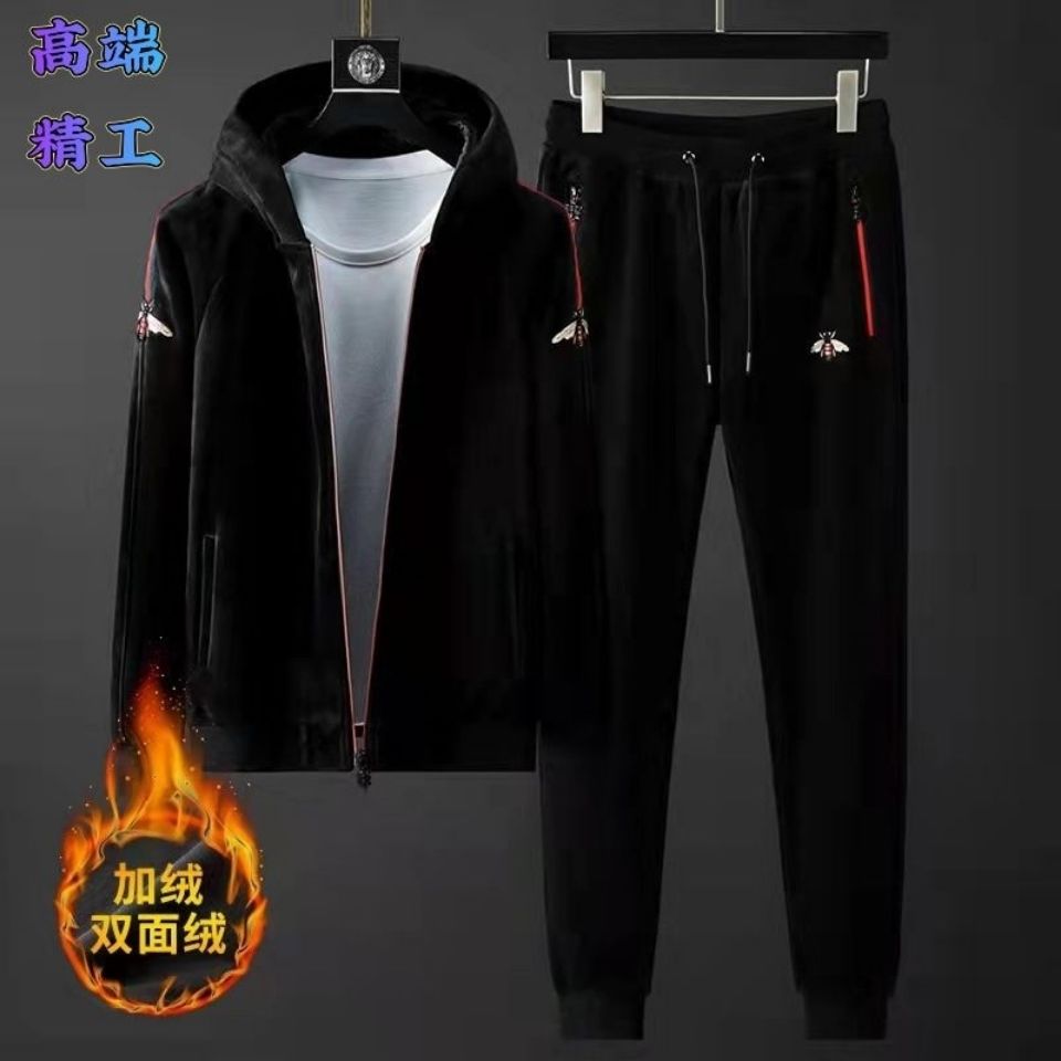 小蜜蜂双面金貂绒休闲运动套装男2021秋冬季加绒加厚潮流款两件套