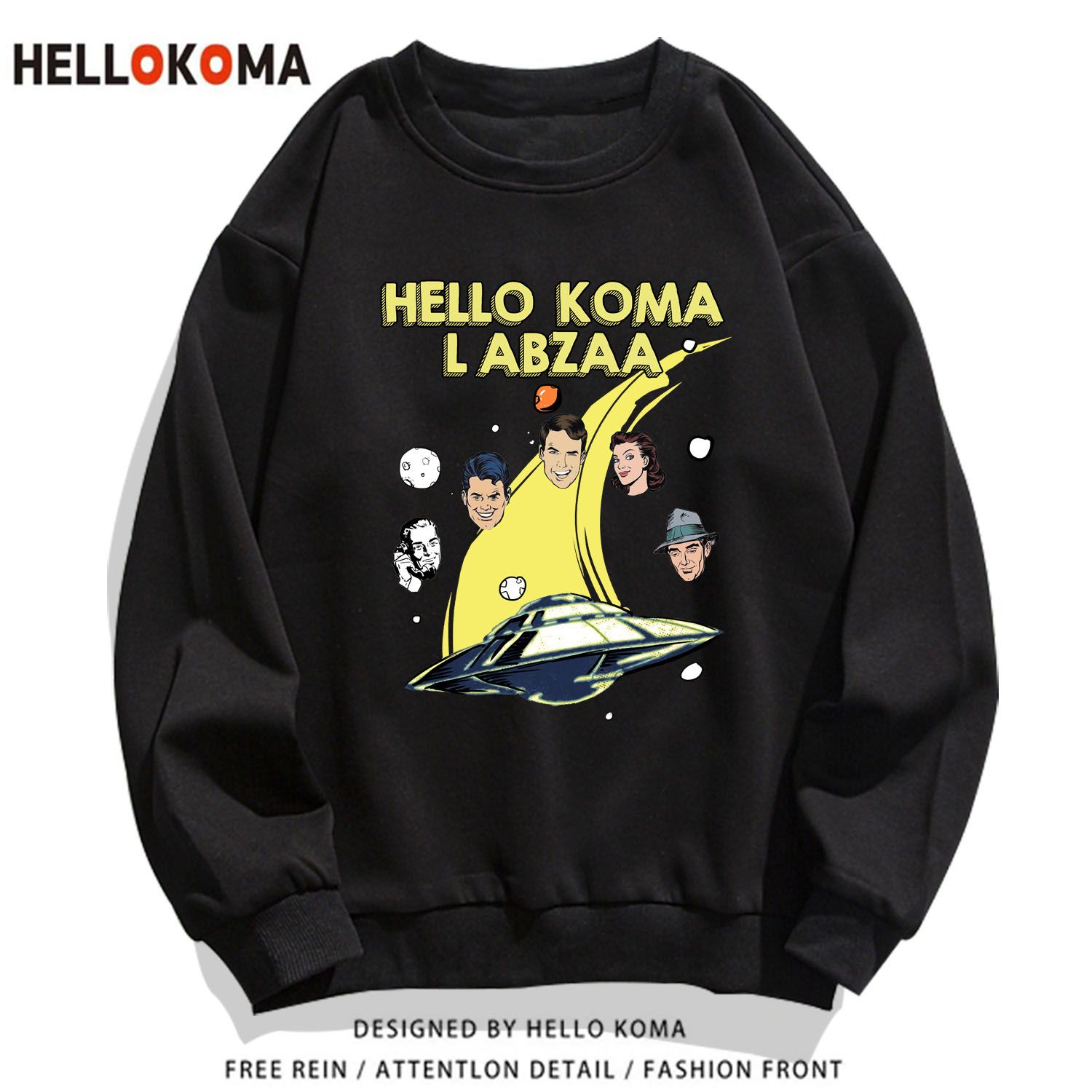 hello koma国潮复古趣味圆领卫衣男秋冬加绒加厚卡通情侣上衣女bf【4